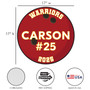 Product diagram of a 17-inch round bowling yard sign with a red ball design, showcasing yellow and white lettering, corrugated material icon, free shipping icon, and made in USA badge.