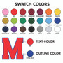 Color swatch chart showing 21 text color options including pink, red, gold, green, and blue, with a visual guide demonstrating how to select a text color and outline color using a red letter M outlined in royal blue.