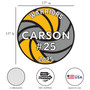 Product sizing diagram showing the 17” x 17” round volleyball yard sign with customization for name, number, and year. The layout includes callouts for “CORRUGATED” plastic material, “FREE SHIPPING,” and “MADE IN USA,” along with a full front view of the yellow and gray volleyball design.