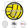 17” x 17” round volleyball sign layout featuring “CARSON #25” and “2025”, with icons indicating corrugated plastic, free shipping, and USA made.