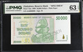 Zimbabwe 2008 50,000 Dollars Specimen Pick 74as Plain Paper AA0000000 PMG 63 EPQ 1/1