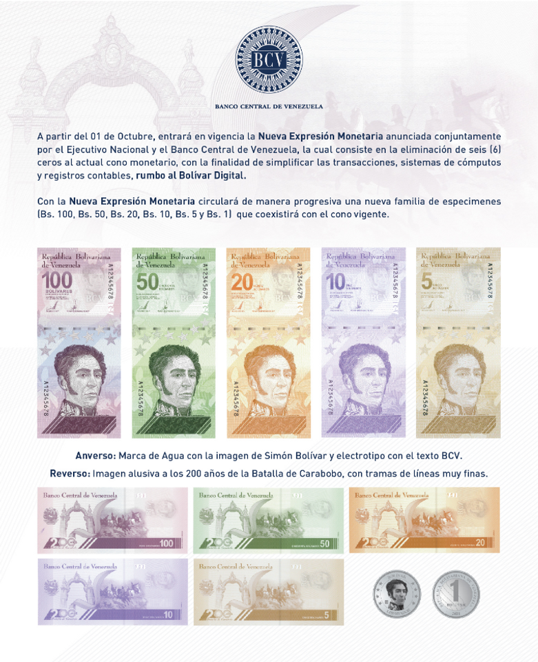 Venezuela- Current monetary cone will coexist with new banknotes from October 1