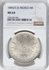 1886 Mexico 8 Reales Zacatecas NGC MS64 — Cap & Rays | Planet Banknote