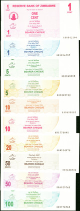 2008 Zimbabwe complete 79-piece set, 1 cent to 100 trillion dollars with agro and bearer cheques, fanned out