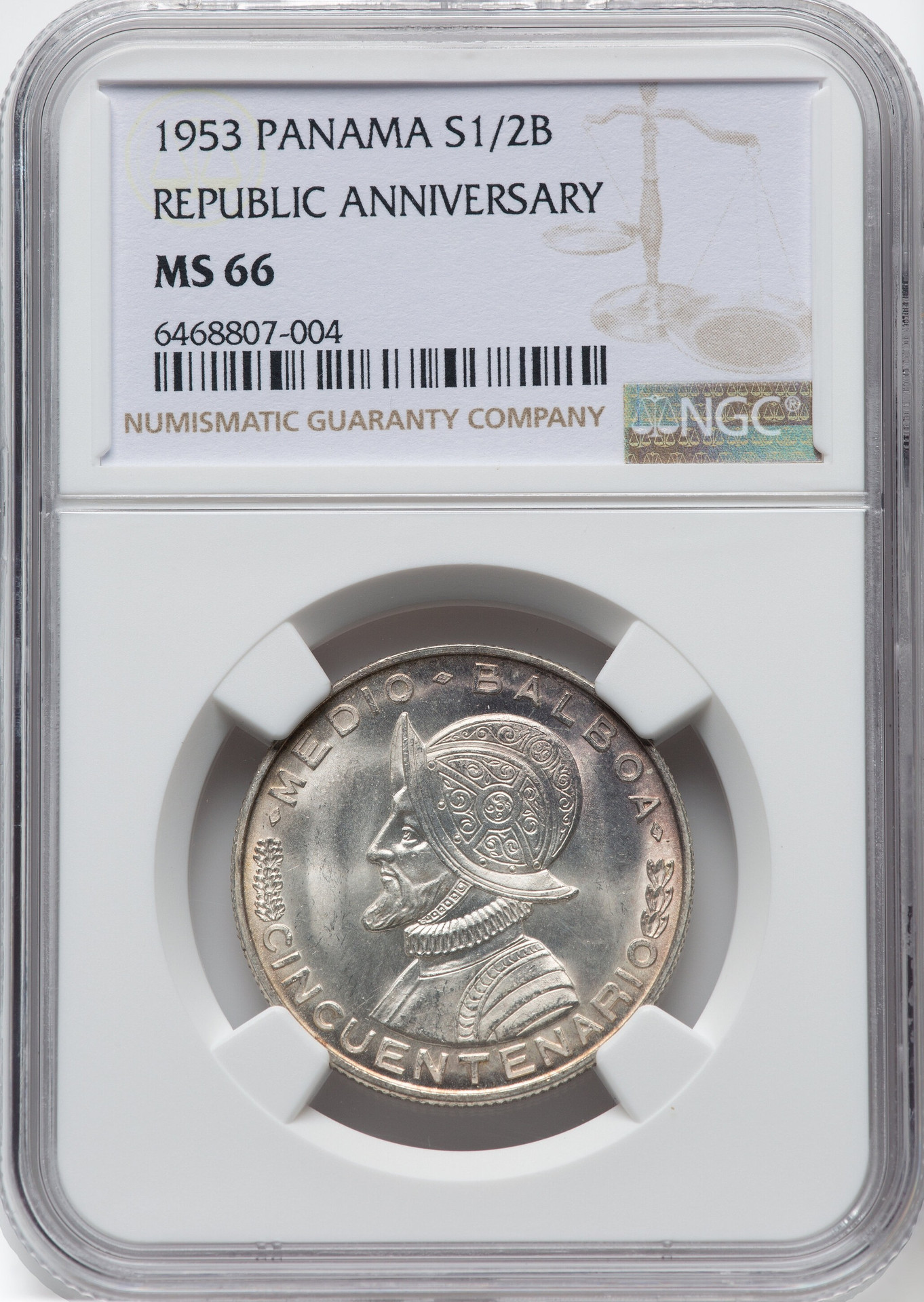 1953 Panama Silver 1/2 Balboa NGC MS66 Republic Anniversary Coin  Cinquentenario