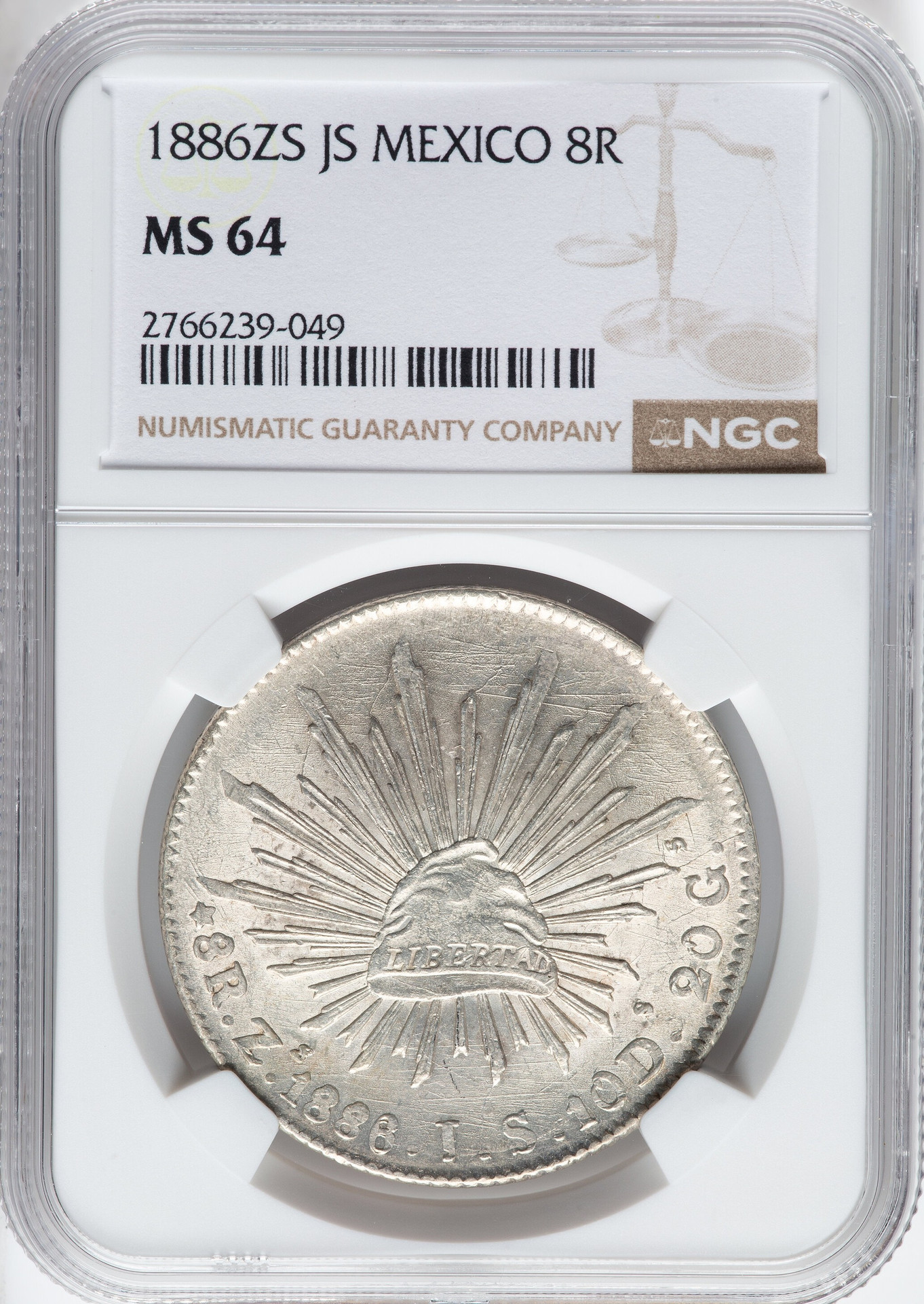 1886 Mexico Silver 8 Reales Zacatecas Zs-JS NGC MS64 Cap & Rays