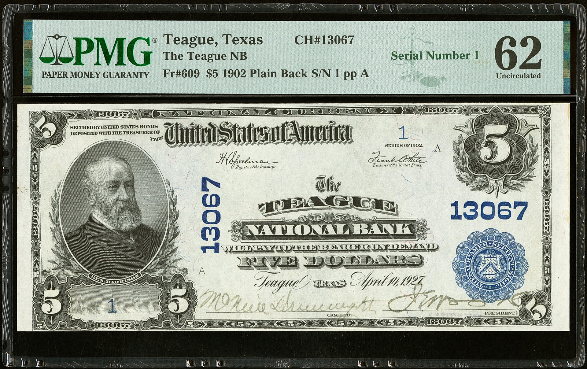 1902 $5 Plain Back Teague National Bank Texas PMG 62 Unc Double