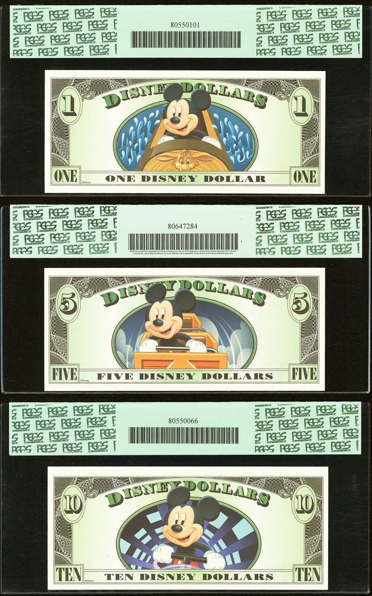 2014 Disney Dollars $1 $5 $10 Rodgers R-171 R-172 R-173 PCGS Gem 65–