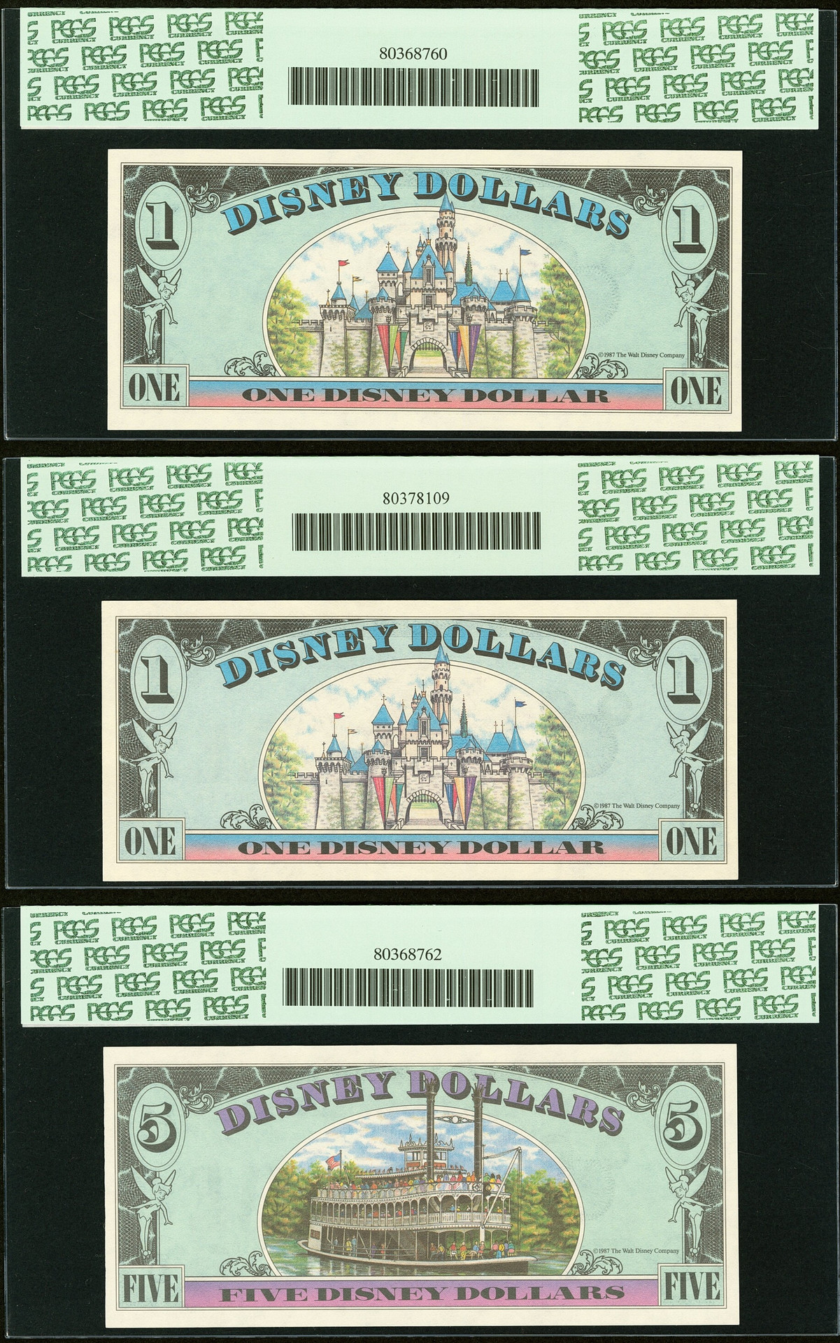 1987–1989 Disney Dollar Set $1 & $5 Mickey Goofy PCGS 64–67PPQ