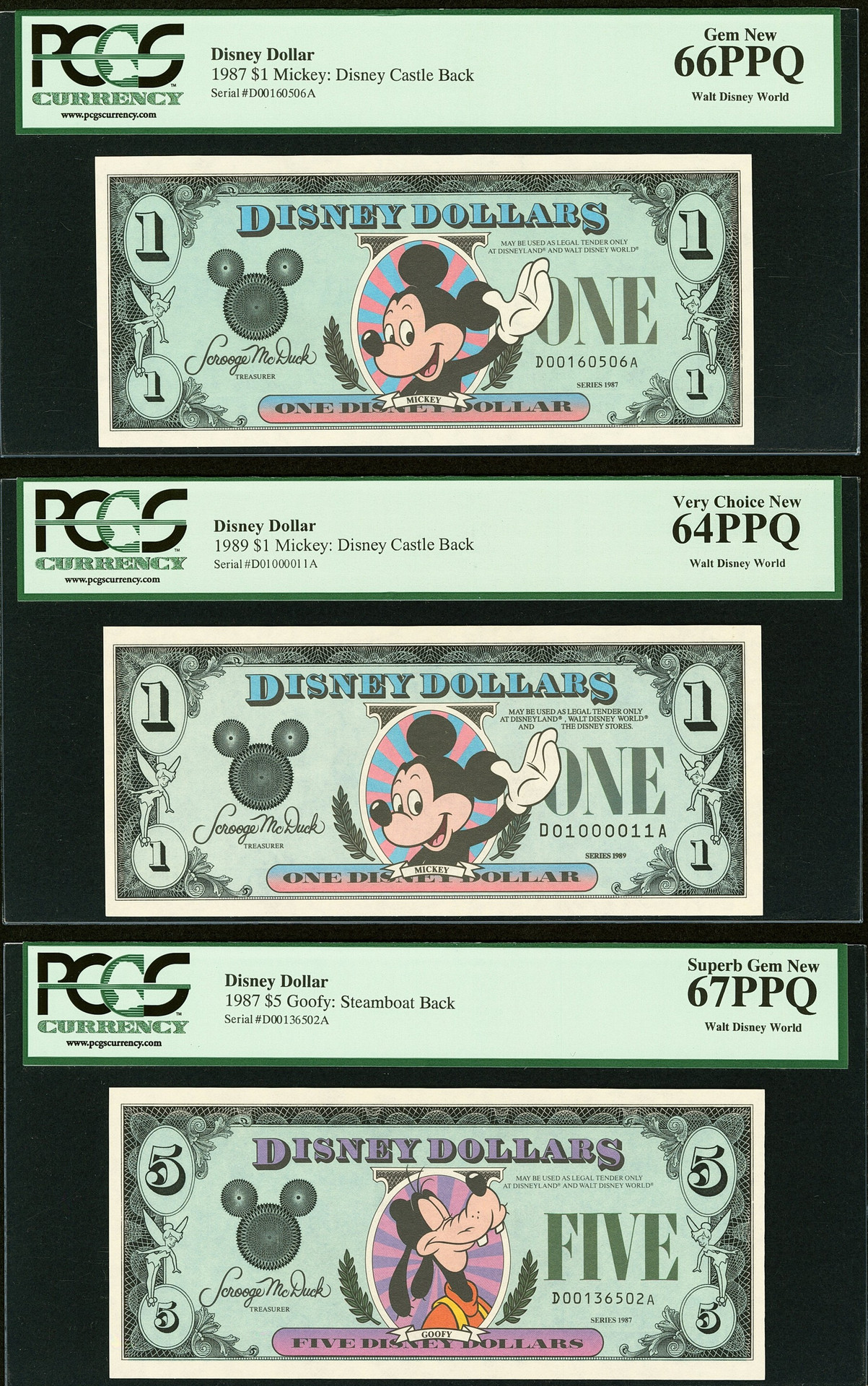1987–1989 Disney Dollar Set $1 & $5 Mickey Goofy PCGS 64–67PPQ