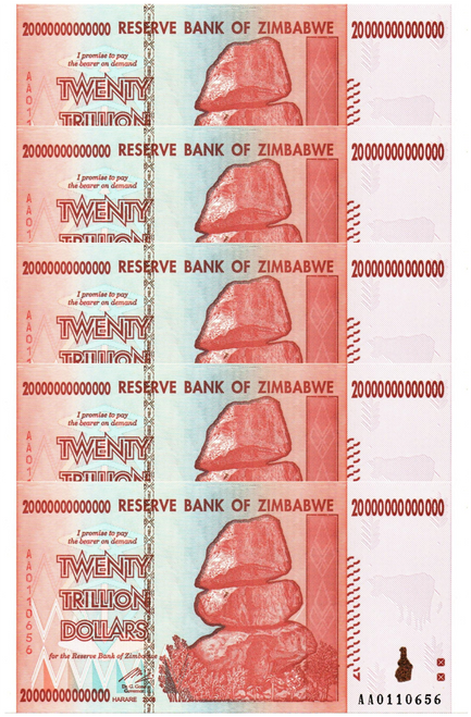 Zimbabwe 20 Trillion Dollars x 5 Piece Set, 2008 AA New Unc, 100 T Series