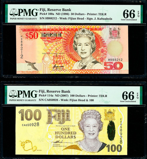 Fiji Reserve Bank 50; 100 Dollars 1996-2007 PMG 66, Queen Elizabeth II, 2 Notes