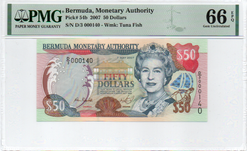 Bermuda Monetary Authority 50 Dollars 2007 PMG 66, LOW S/N 140, Queen Elizabeth