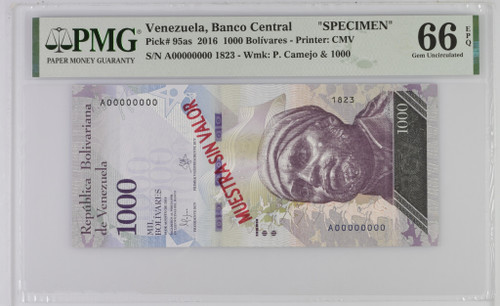 Venezuela Banco Central 1000 Bolivares 2016 PMG 66, P-95as, Specimen, Nice Color