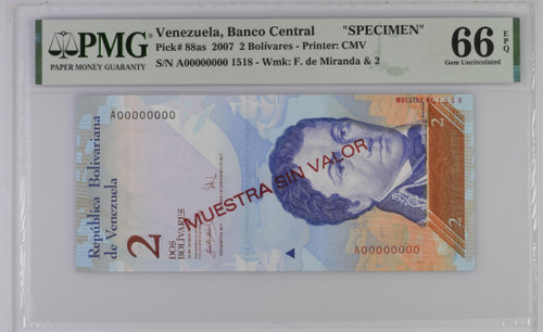 Venezuela Banco Central 2 Bolivares 2007 PMG 66 P-88as, Specimen, Beautiful Blue