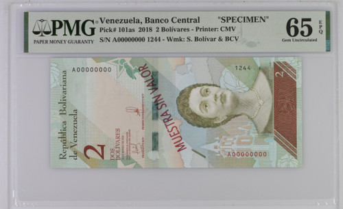 Venezuela 2 Bolivar Soberano 2018 PMG 65, P-101as, Specimen, Beautiful Green