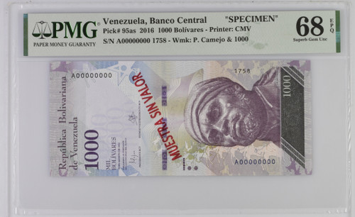 Venezuela Banco Central 1000 Bolivares 2016 PMG 68, P-95as, Specimen Top Pop 1/1