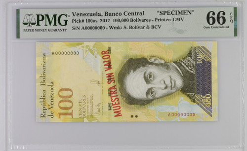 Venezuela Banco Central 100,000 Bolivares 2017 PMG 66 GU, P-100as, Specimen
