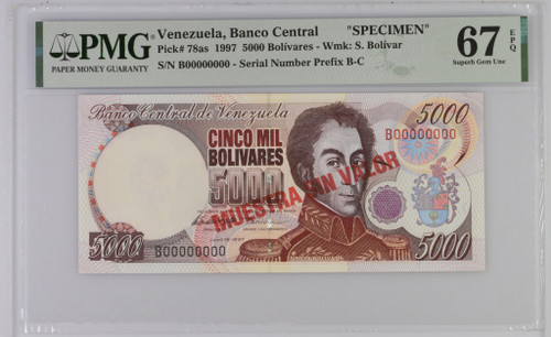 Venezuela Banco Central 5000 Bolivares 1997 PMG 67 P-78as, Specimen, Top Pop