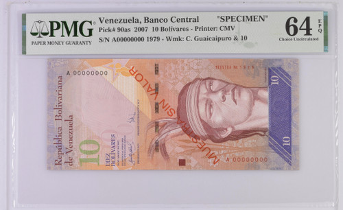 Venezuela Banco Central 10 Bolivares 2007 PMG 64 CU EPQ, P-90as, Specimen, Rare