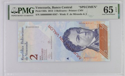 Venezuela Banco Central 2 Bolivares 2013 PMG 65 GU, P-88fs, Specimen, Great Blue