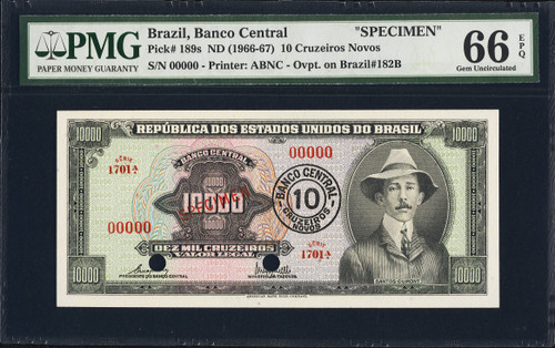 Brazil 10 Cruzerios Novos 1966-67 PMG 66 Gem Unc EPQ, P-189s, Very Rare Specimen