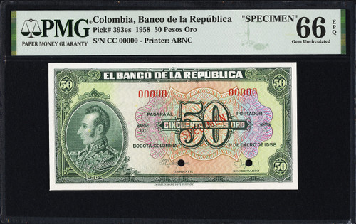 Colombia Banco de la Republica 50 Pesos Oro 1958 PMG 66 EPQ, P-393es, Specimen