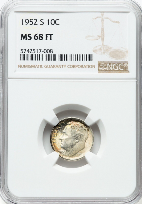 1952-S Silver Roosevelt Dime 10c NGC MS68FT Rainbow Toning Lustrous Crossover