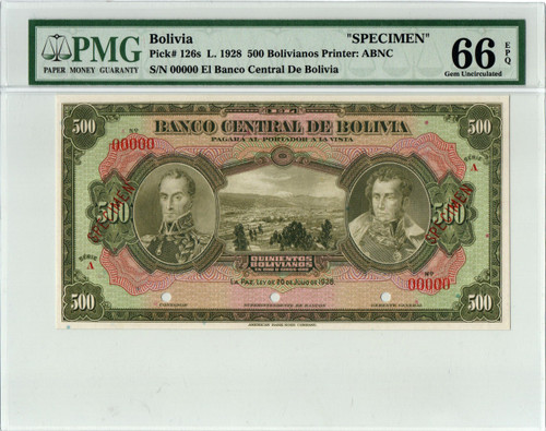 1928 Bolivia 500 Bolivianos P-126s PMG 66 EPQ Rare Specimen Banknote