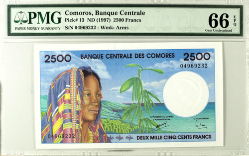 1997 Comoros 2500 Francs P-13 PMG 66 EPQ Rare Pristine Collectible
