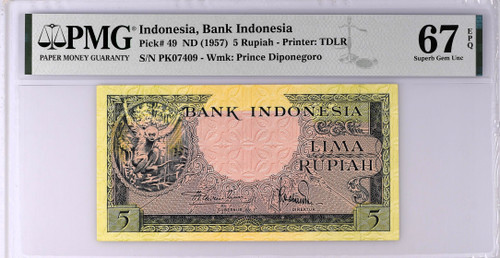 1957 Indonesia 5 Rupiah P-49 PMG 67 EPQ Pristine Historical Collectible