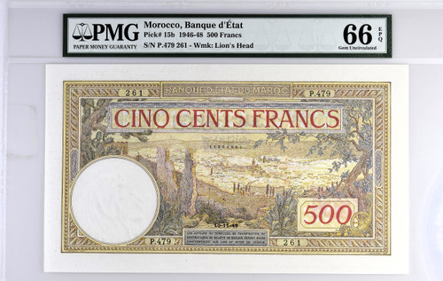 1946 Morocco 500 Francs P-15b PMG 66 EPQ Rare Pristine Banknote