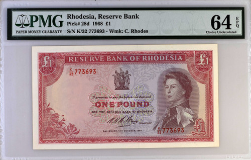 1968 Rhodesia 1 Pound P-28d PMG 64 EPQ Exceptional Collectible Note