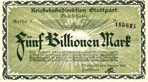 1923 Germany 5 Trillion Mark Stuttgart Reichsbahn UNC Rare Hyperinflation Banknote