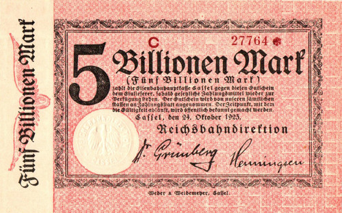 1923 Germany 5 Trillion Mark Cassel Reichsbahn UNC Rare Hyperinflation Banknote