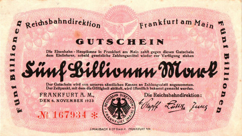 1923 Germany 5 Trillion Mark Frankfurt Reichsbahn XF Exceptional Banknote