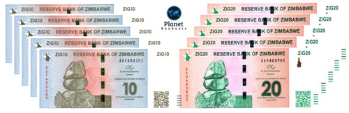 Zimbabawe 2024 Zig Gold Backed Banknote Set of 10 New Crisp Uncirculated Set Includes 5 $10 Zig and 5 $20 Zig, 10 Notes Total
