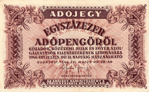 1946 Hungary 100,000 Adopengo (100 Sextillion Pengo) P-144 Banknote XF Used