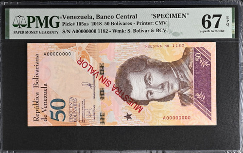 2018 Venezuela 50 Bolivares Specimen P-105as PMG 67 EPQ Planet Banknote Pedigree