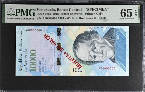 2016 Venezuela 10,000 Bolivar Specimen P-98as PMG 65 EPQ Gem Uncirculated