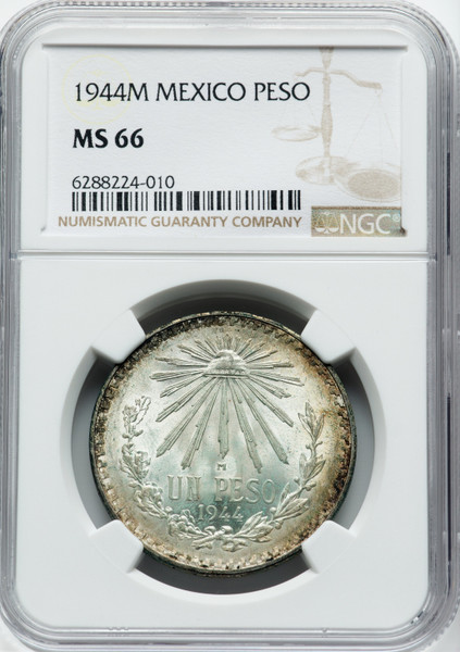 1944M Mexico Silver Peso NGC MS66 Radiant Liberty Cap High Grade Gem
