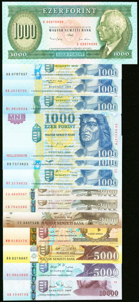 Hungary Forint Banknote Collection CRISP UNC 20th–21st Century Mixed Denominations 10–10000 Ft Notes