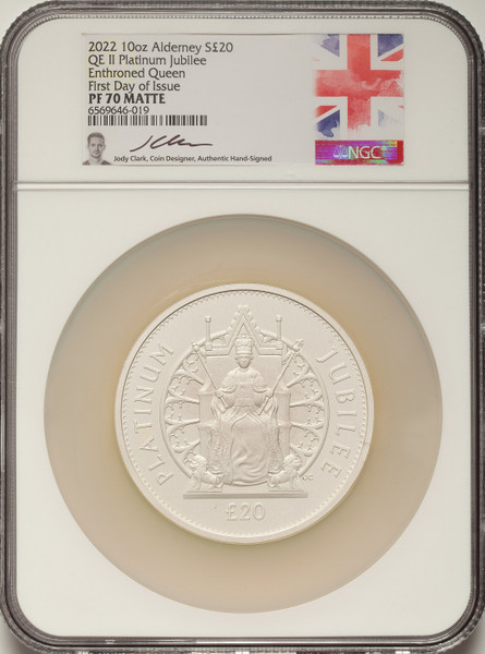 2022 Alderney Silver 10oz £20 QE II Platinum Jubilee NGC PF70 Matte FDI Sig