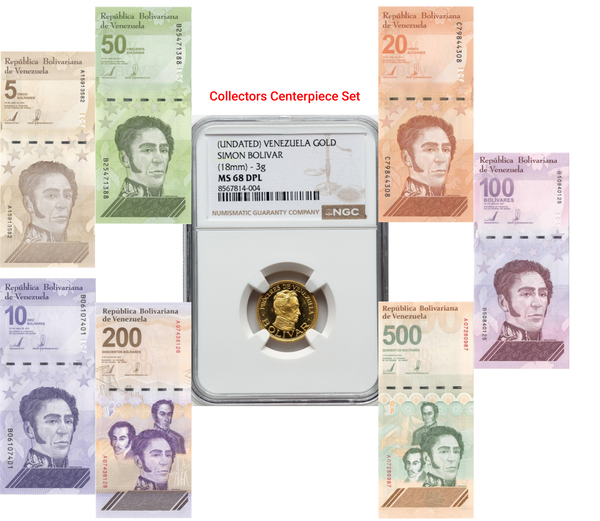 Venezuela Collectors Set – Gold Simón Bolívar 3g Coin MS68 DPL FINEST KNOWN + 5M–500M UNC Banknotes