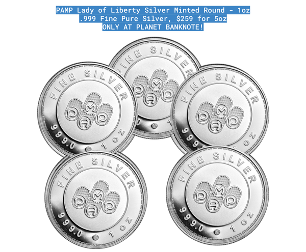 2025 PAMP Lady of Liberty Silver Round 1oz x5 (.999 Fine) – 5 oz Total – Brilliant Design