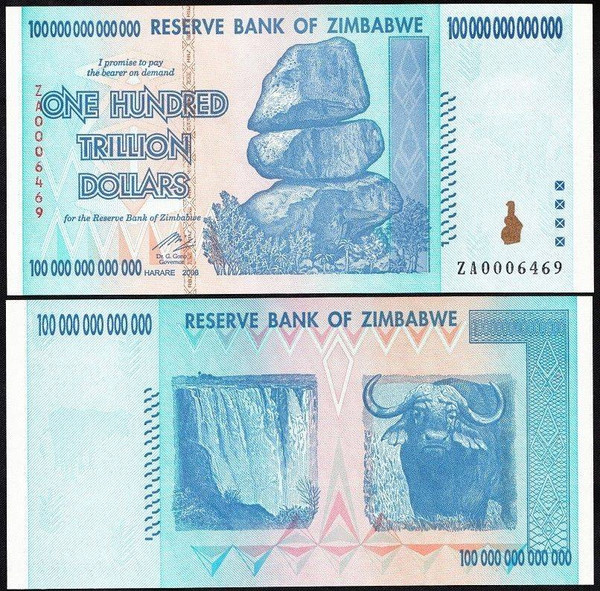 2008 Zimbabwe 100 Trillion & 50 Trillion Dollar Banknotes P-91 & P-90 UNC Hyperinflation Set