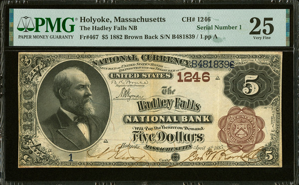 1882 $5 Brown Back Utica NY Fr.469 PMG AU58 EPQ Star | Planet Banknote