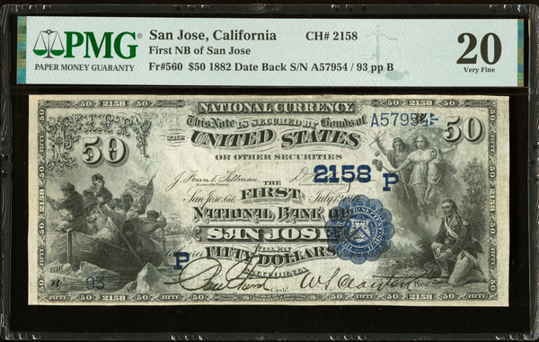 1882 US San Jose CA $50 Date Back PMG VF20 BLUE SEAL Fr.560 The First NB Tillman