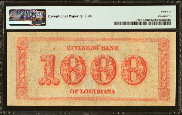 1840s–50s Louisiana $1000 Citizens' Bank Note PMG 66 EPQ Remainder Gem Uncirculated Rare