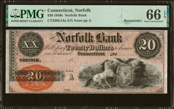1850s Connecticut Norfolk Bank $20 PMG 66 EPQ Remainder Note Gem Uncirculated 1850s Connecticut Norfolk Bank $20 PMG 66 EPQ Remainder Note Gem Uncirculated